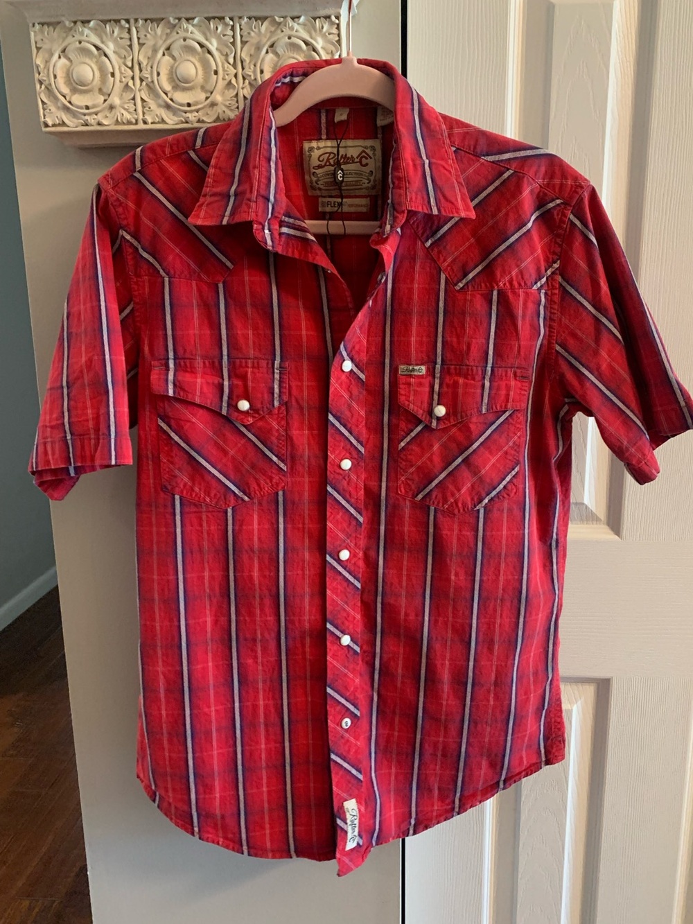 Rafter C Men’s Short Sleeve Pearl Snap Shirt Red Plaid Cowboy Western NEW - S